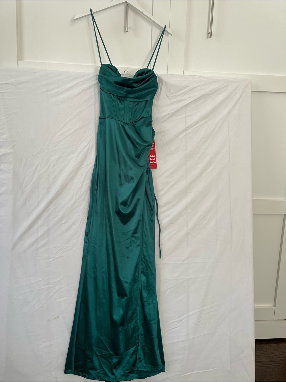 Satin Cowl-Neck Spaghetti Strap Evening Dress in Teal- Sz- 9